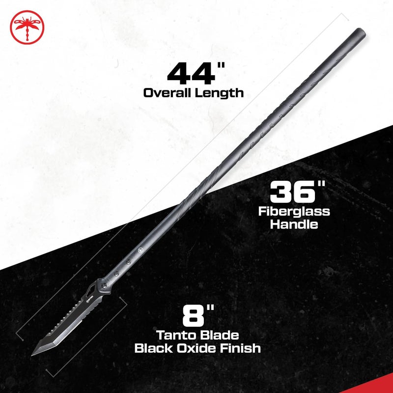 Sheffield STAK 11822 Tac Javelin Spear, Gifts for Men, 44" Utility Spear for Camping, Hunting, and Bushcraft, 8" Partially Serrated Tanto Blade Spear Head, TPR Snap Sheath - Image 2